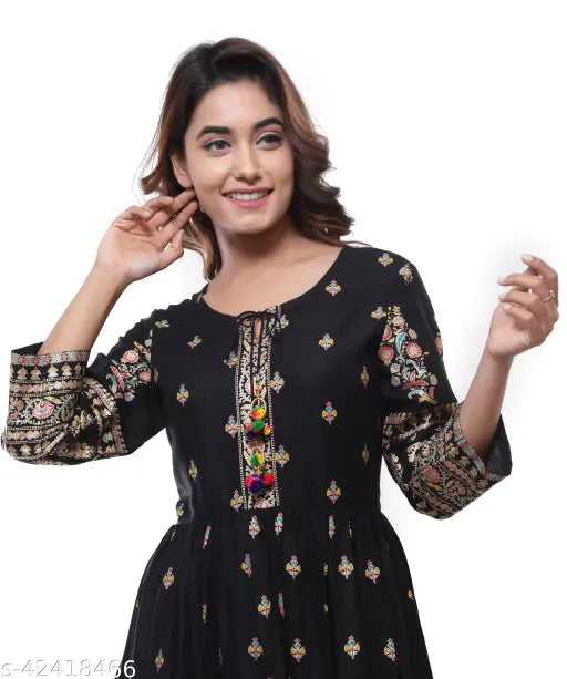 Rayon black printed combo anarkali kurtis with three-quarter sleeves, women's fashion from India