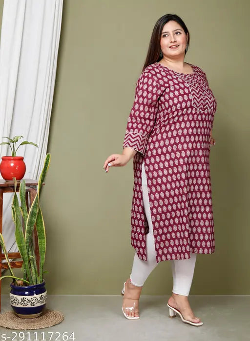 Maroon floral print plus size cotton straight kurta, ideal for any occasion, 100% pure cotton, round neck, India origin