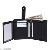 Black faux leather wallet for boys, 8 card slots, credit/debit card pockets, currency compartment, and more. Solid design, regular size (12cm x 9cm). Imported leather, perfect for men's essentials. Made in India