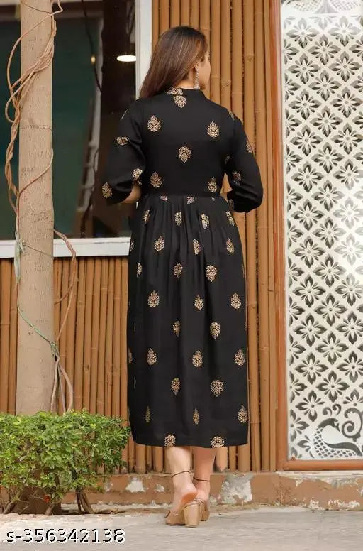 Rayon printed Anarkali Kurta, Indian women's fashion with three-quarter sleeves and colorful prints, perfect for formal occasions