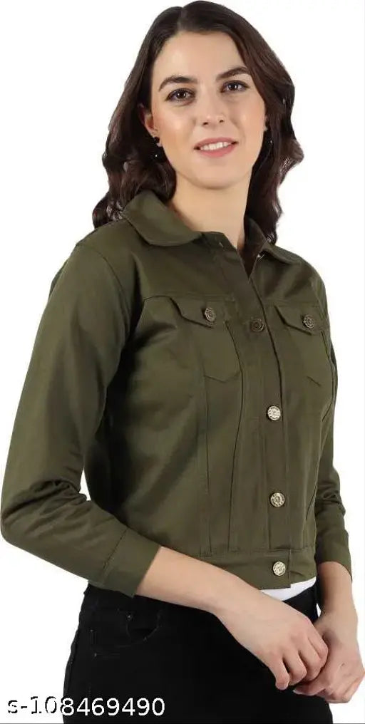 Olive colorblocked denim jacket for women, full sleeves, made in India