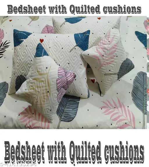 Floral printed, superfine cotton 5-piece bedsheet set with quilted cushions, made in India