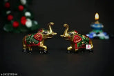Gold-plated metal elephant meena set of 2 for home decoration, Indian temple showpiece item (6.5cm L x 9cm H x 3cm B)