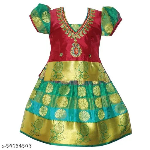 Cotton Silk kids' Leela Pattu Lehenga Choli with waist belt, floral stitch design, suitable for 6-8 years old Indian festivals and parties, made in India
