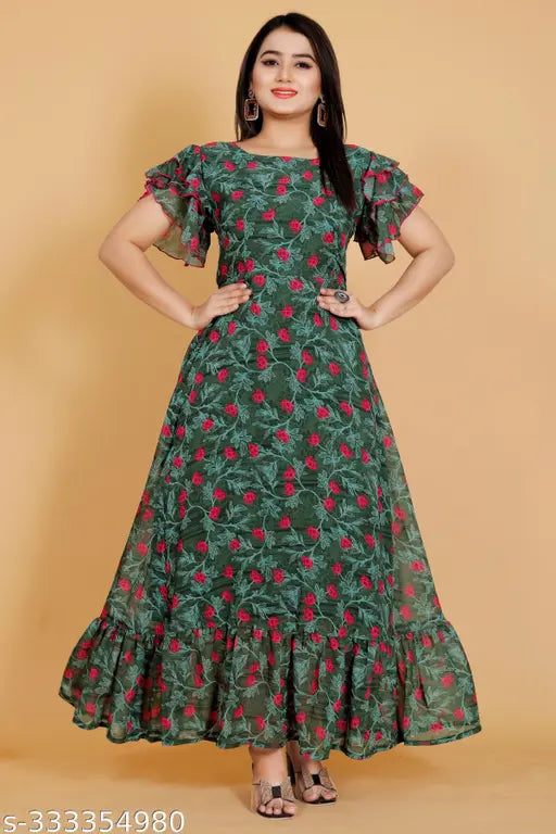 Georgette Valley flower digital printed kurti with short sleeves, India origin