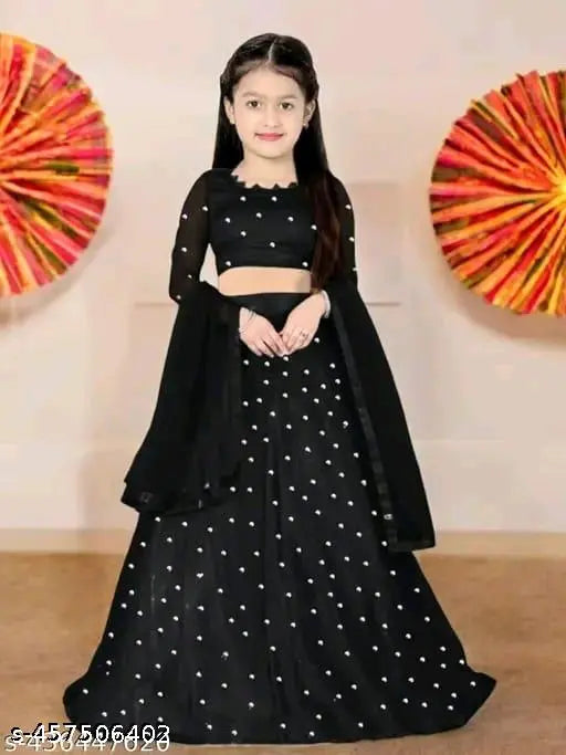 Embroidered satin and net kids lahanga choli with long sleeves, Indian traditional outfit for girls aged 3-15 years