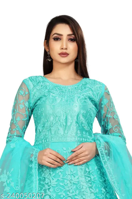 Firozi Net Chain Stitch Embroidered Gown, free size (Bust 44in, Length 52in), semi-stitched with 3/4 sleeves