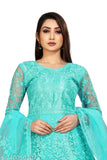 Firozi Net Chain Stitch Embroidered Gown, free size (Bust 44in, Length 52in), semi-stitched with 3/4 sleeves