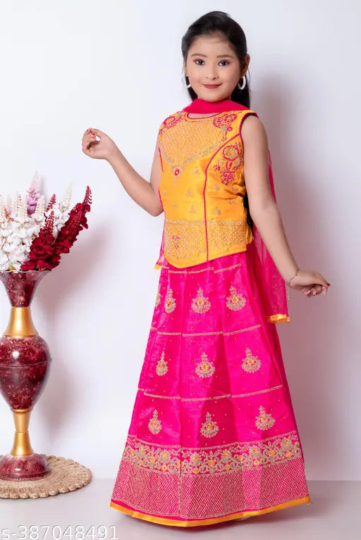 Kids girls satin lehenga choli with super net dupatta, embroidered for Indian festivals. Sizes: 1-2yrs (waist 20in, len 15in), 2-3yrs (waist 22m, len 16m), 3-4yrs (waist 24in, len 25in). Handcrafted in India