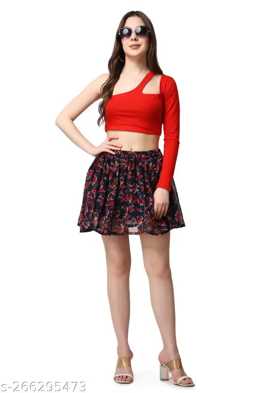 Blue chiffon floral mini skirt, Georgette, flared, above knee, printed floral design - trendy women's and teens fashion in various sizes (26-34)