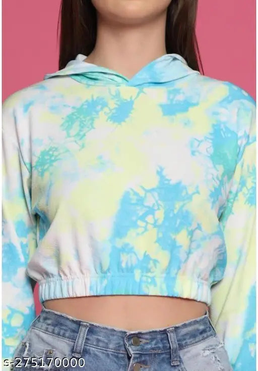 Stretchable tie-dye printed western short hoodie, women's casual travel outfit, perfect gift