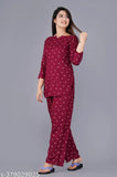 Women's rayon micro-printed nightsuit top & pyjama set, three-quarter sleeves, India origin