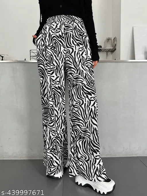 White cotton lycra printed net bell-bottom palazzo trousers for women, fashionable and versatile