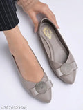 Grey synthetic slip-on ballerinas with oversized bow detail for women and girls, stylish footwear with pointed toe and flexible sole, comfortable fit in sizes IND-4, IND-5, IND-9 originating from India