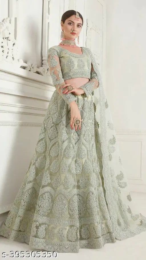 Embroidered net choli and dupatta set, free size. Latest Indian wedding lehenga with net bottomwear and matching embroidered dupatta