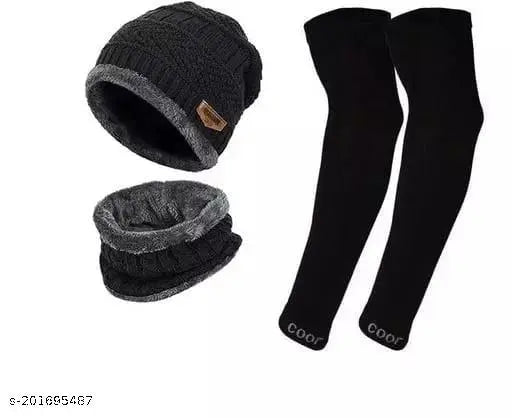 Woolen Unisex Winter Scarf & Beanie Cap Combo - Warm hand arm sleeves, perfect for men & women's outdoor activities