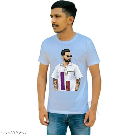 Karan Aujla printed polyester men's t-shirt with short sleeves, featuring Indian design and multiple sizes available (M, L, XL, XXL)