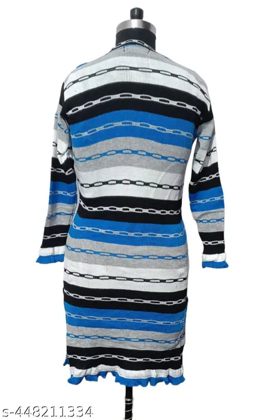 Blue woolen women's winter wear jacket & palazzo set with three-quarter sleeves - Indian printed net design