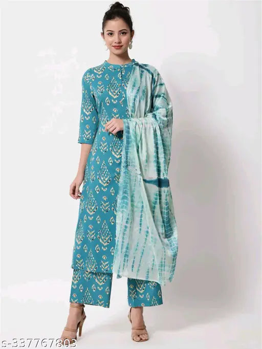Stylish blue cotton kurta palazzo set with dupatta, featuring three-quarter sleeves and tasteful prints. Ideal for office, college, or parties. Premium quality, lightweight, and home washable