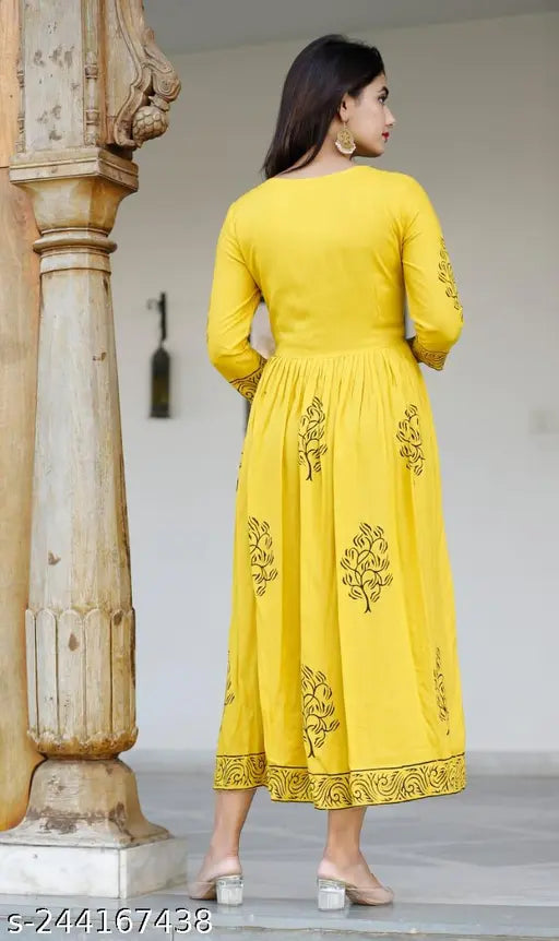 Mustard Rayon Anarkali Kurti, hand-block printed, three-quarter sleeves, Sanganer origin, India