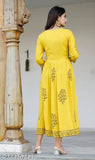 Mustard Rayon Anarkali Kurti, hand-block printed, three-quarter sleeves, Sanganer origin, India