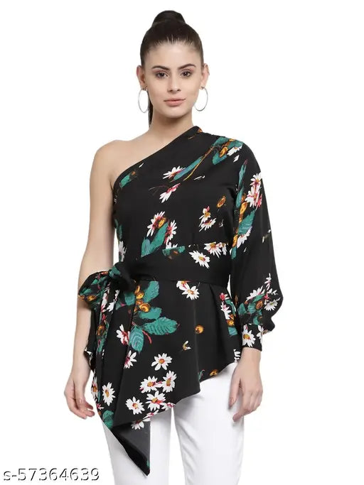 Black polyester one-shoulder crepe top with floral print, long sleeves and regular length