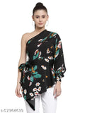 Black polyester one-shoulder crepe top with floral print, long sleeves and regular length