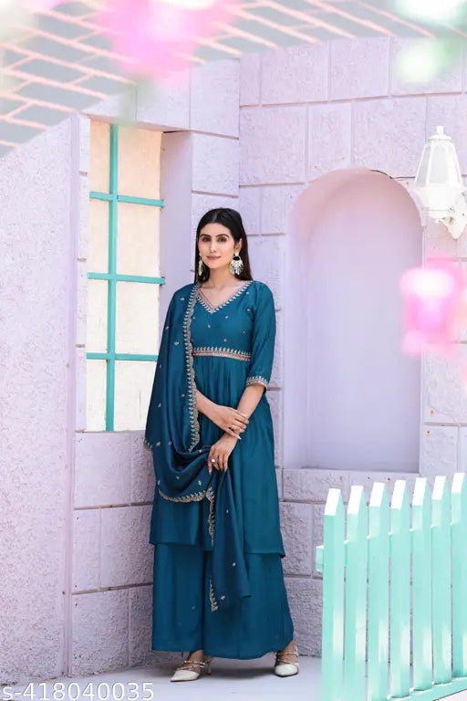 Nile Blue Chanderi Cotton Kurta Set with Embroidery - Timeless elegance, hand-stitched floral motifs