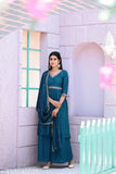 Nile Blue Chanderi Cotton Kurta Set with Embroidery - Timeless elegance, hand-stitched floral motifs