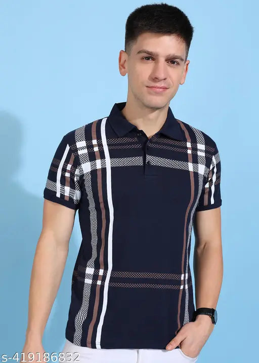 Stylish cotton-blend graphic print men's polo neck T-Shirt, short sleeves, ideal for casual or semi-formal events, made in India (S: 35in chest, 26in length)