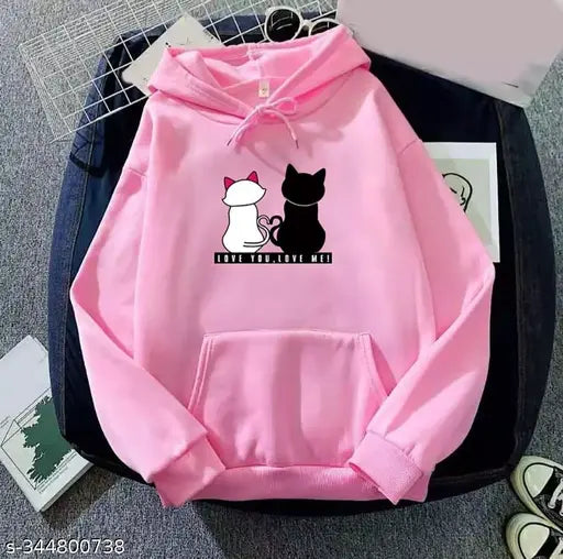 Pink wool hoddie with cat print for girls aged 8-16, Indian origin