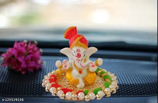 Handcrafted white and golden Aasan-decorated Ganesha Idol on plate, polyresin, home and car decoration