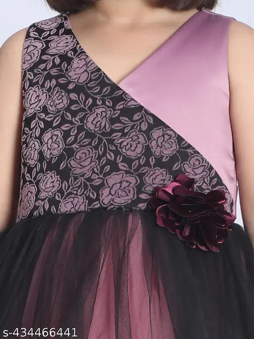 Black floral print net dress for girls party wear, size 1-2 years