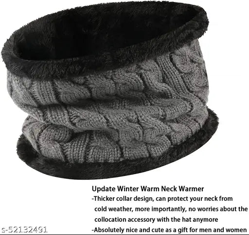 Grey premium-quality stretchy acrylic knit winter beanie cap & scarf set, soft fleece lining, embroidered pattern, thick and comfortable