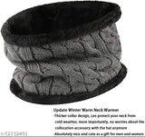 Grey premium-quality stretchy acrylic knit winter beanie cap & scarf set, soft fleece lining, embroidered pattern, thick and comfortable