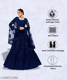 Free size embroidered net bridal lehenga & dupatta set, intricate Indian designs