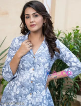 Aqua blue rayon floral printed night suit with three-quarter sleeves, perfect for lounging or sleeping, Indian origin