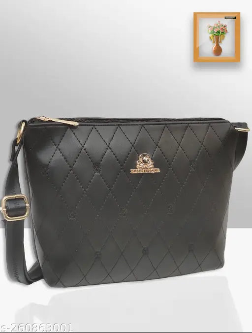 Magnifique PU checked net sling bag, two compartments, free size (10in L x 3in W x 8in H) - Indian handcrafted women's side bag for travel