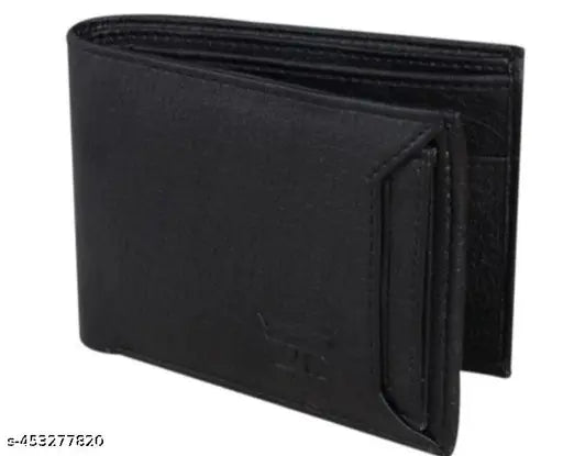 Men's black faux leather wallet, featuring 2 compartments for essentials. Black solid men's accessory on table