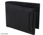 Men's black faux leather wallet, featuring 2 compartments for essentials. Black solid men's accessory on table
