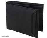 Men's black faux leather wallet, featuring 2 compartments for essentials. Black solid men's accessory on table