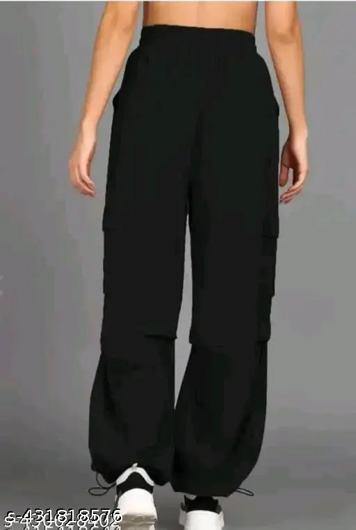 Black polyester bell-bottom trousers, solid design for women's casual wear (size S: 26-38 waist)