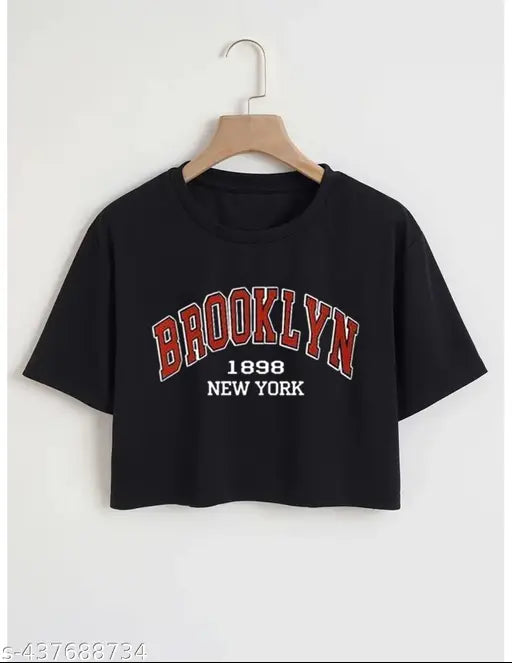 Black polycotton crop top for women & girls, round neck with printed net pattern