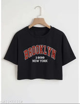 Black polycotton crop top for women & girls, round neck with printed net pattern