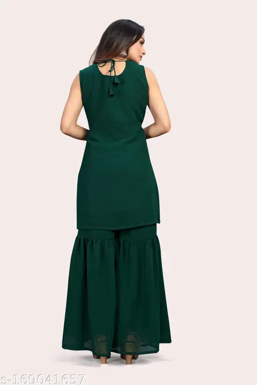 Green Georgette Kurta & Sharara Set with Embroidery - Traditional Indian Dress for Women (Nylon, Sleeveless)