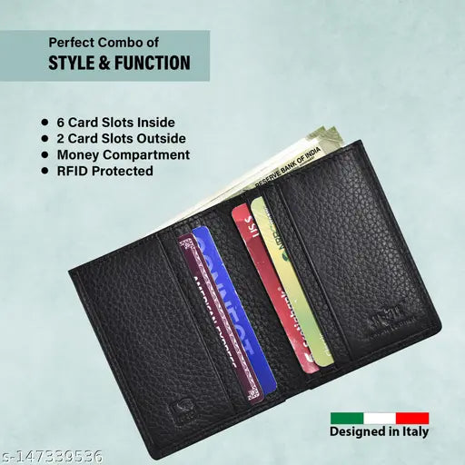 Black leather bi-fold wallet, RFID protected, 6 card slots, ultra slim design for men
