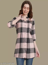 Peach rayon checkered tunic, three-quarter sleeves, mandarin collar, women's fashion wear, Indian origin