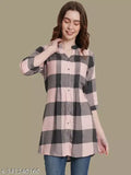 Peach rayon checkered tunic, three-quarter sleeves, mandarin collar, women's fashion wear, Indian origin
