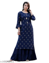 Plus size blue printed rayon kurta & sharara set, three-quarter sleeves, women's fashionable ethnic wear from India