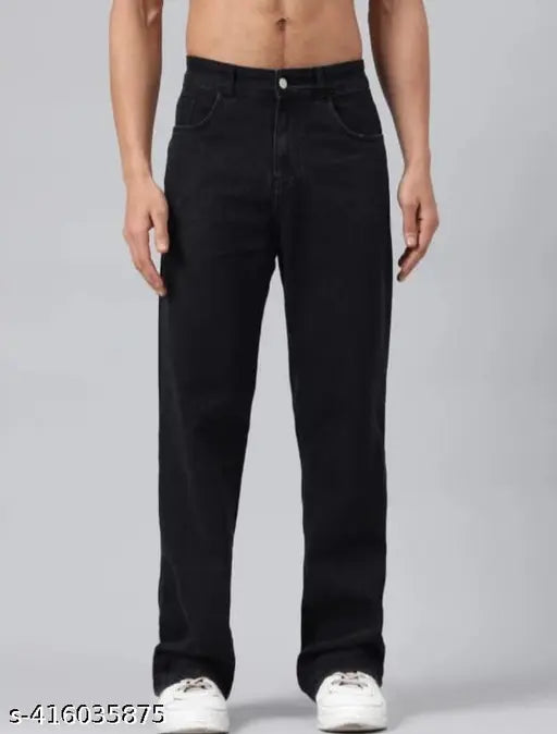 Black denim men's baggy jeans, solid pattern for party wear, size 28 (28wa-40lt-36hip) made in India